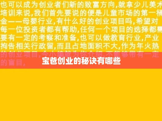 宝爸创业的秘诀有哪些